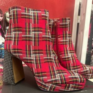Betsey Johnson “Idris” red plaid booties. Size 8. New with tags.